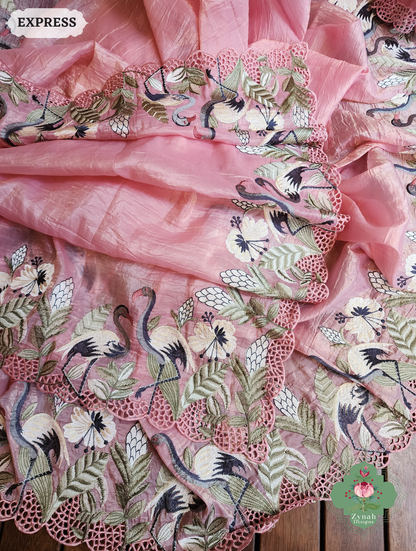 Zynah Pink Organza Tissue Saree With Exquisite Crane Embroidery & Cutwork Scalloped Border; Custom Stitched/Ready-made Blouse, Fall, Petticoat; SKU: 0410202502