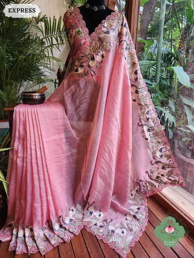 Zynah Pink Organza Tissue Saree With Exquisite Crane Embroidery & Cutwork Scalloped Border; Custom Stitched/Ready-made Blouse, Fall, Petticoat; SKU: 0410202502