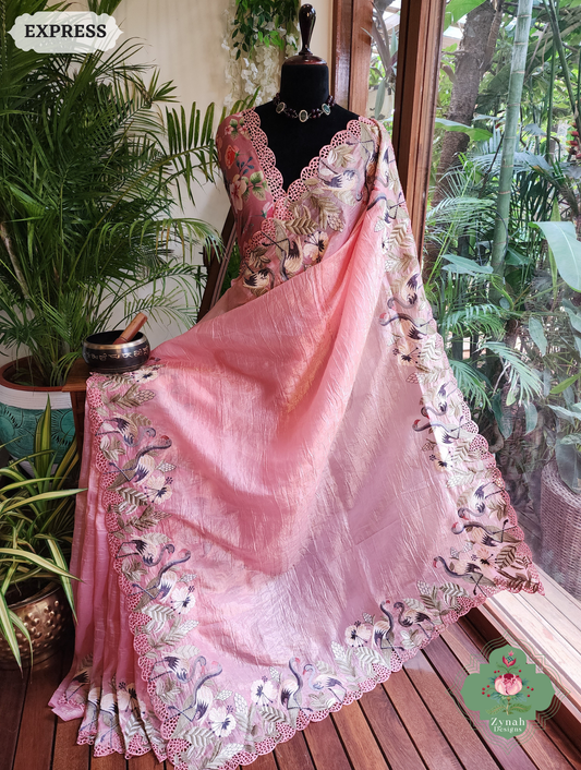 Zynah Pink Organza Tissue Saree With Exquisite Crane Embroidery & Cutwork Scalloped Border; Custom Stitched/Ready-made Blouse, Fall, Petticoat; SKU: 0410202502