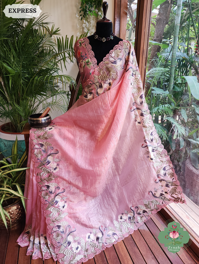 Zynah Pink Organza Tissue Saree With Exquisite Crane Embroidery & Cutwork Scalloped Border; Custom Stitched/Ready-made Blouse, Fall, Petticoat; SKU: 0410202502