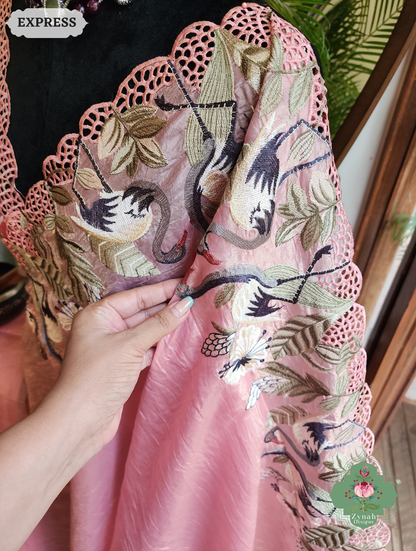 Zynah Pink Organza Tissue Saree With Exquisite Crane Embroidery & Cutwork Scalloped Border; Custom Stitched/Ready-made Blouse, Fall, Petticoat; SKU: 0410202502