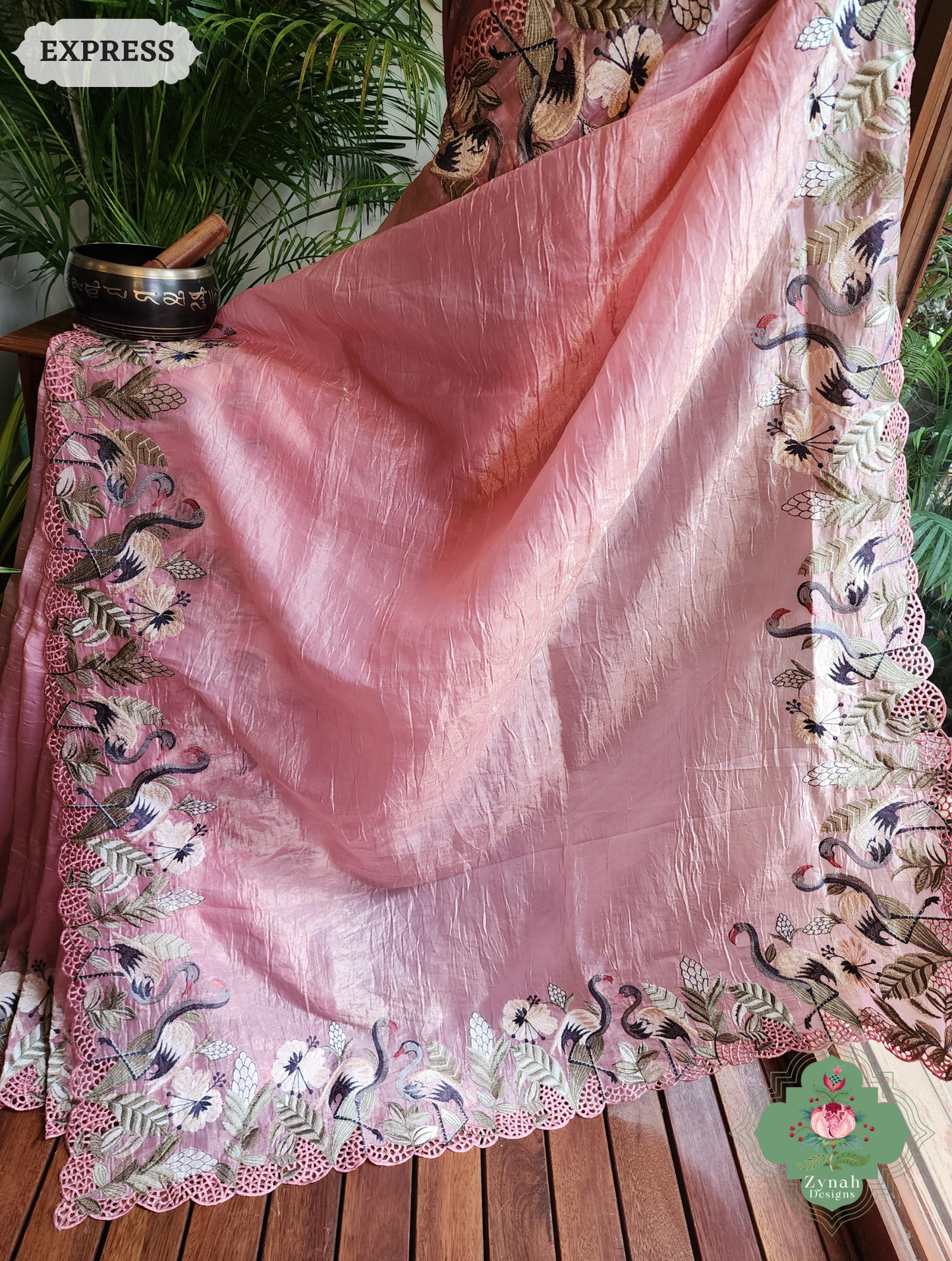 Zynah Pink Organza Tissue Saree With Exquisite Crane Embroidery & Cutwork Scalloped Border; Custom Stitched/Ready-made Blouse, Fall, Petticoat; SKU: 0410202502
