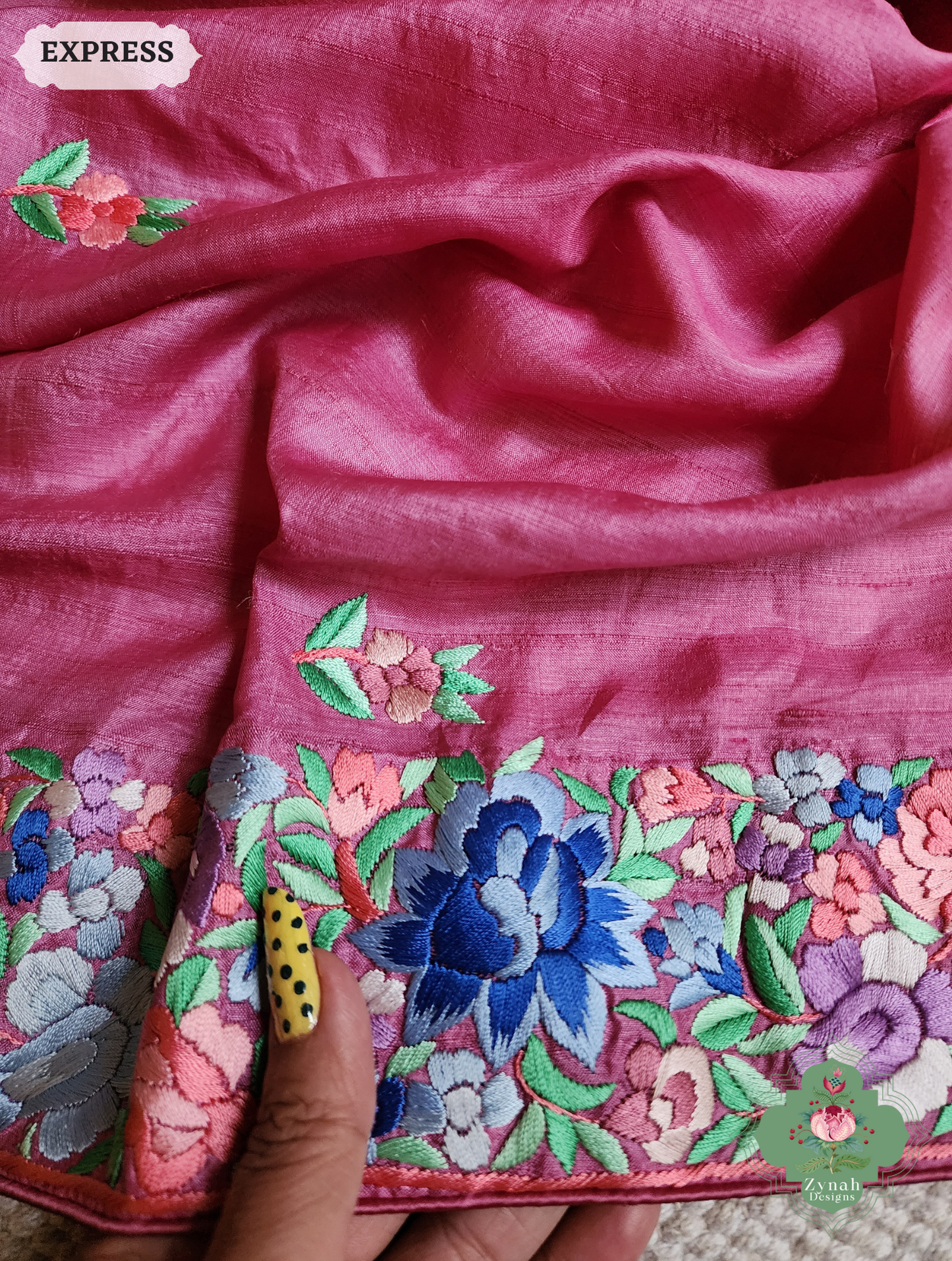 Zynah Made To Order Pink Pure Tussar Silk Hand Embroidered (Shaded) Authentic Parsi Gara Saree; Custom Stitched/Ready-made Blouse, Fall, Petticoat; SKU: 2312202402