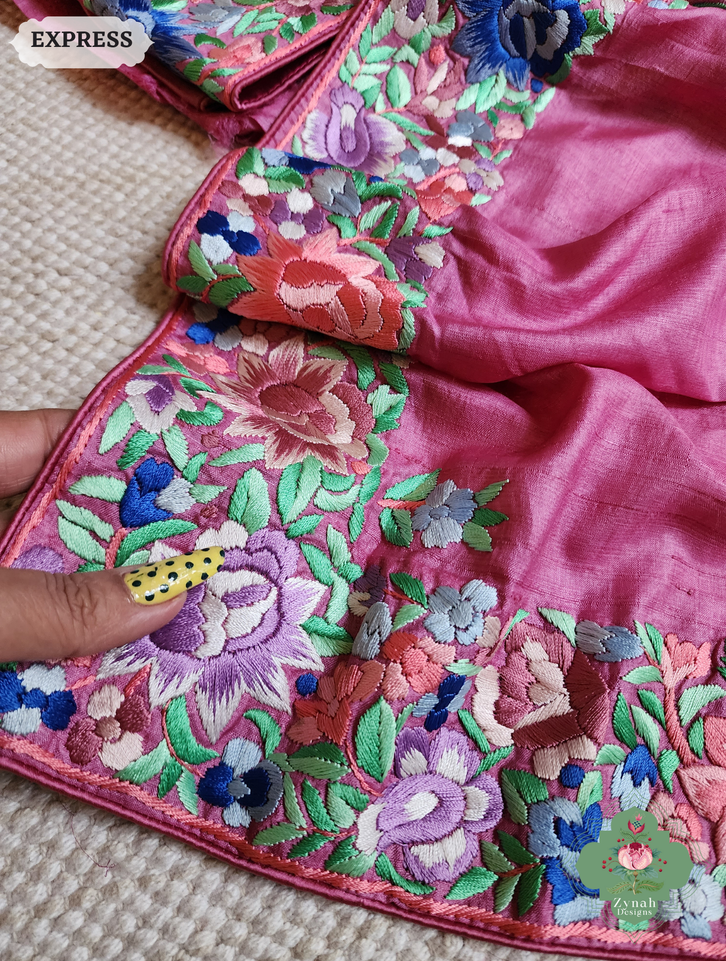 Zynah Made To Order Pink Pure Tussar Silk Hand Embroidered (Shaded) Authentic Parsi Gara Saree; Custom Stitched/Ready-made Blouse, Fall, Petticoat; SKU: 2312202402