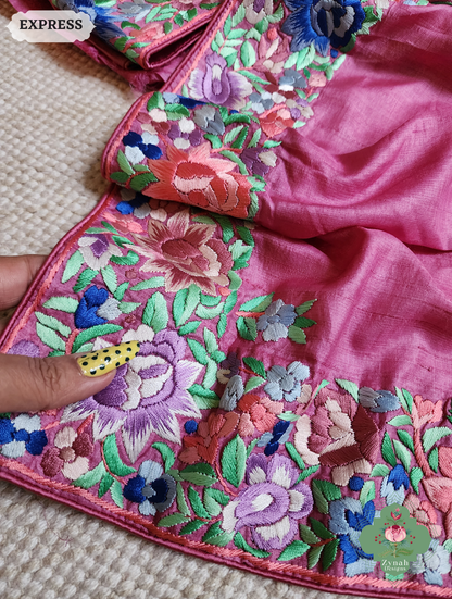 Zynah Made To Order Pink Pure Tussar Silk Hand Embroidered (Shaded) Authentic Parsi Gara Saree; Custom Stitched/Ready-made Blouse, Fall, Petticoat; SKU: 2312202402