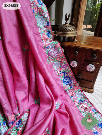 Zynah Made To Order Pink Pure Tussar Silk Hand Embroidered (Shaded) Authentic Parsi Gara Saree; Custom Stitched/Ready-made Blouse, Fall, Petticoat; SKU: 2312202402