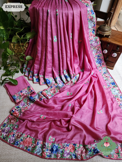 Zynah Made To Order Pink Pure Tussar Silk Hand Embroidered (Shaded) Authentic Parsi Gara Saree; Custom Stitched/Ready-made Blouse, Fall, Petticoat; SKU: 2312202402