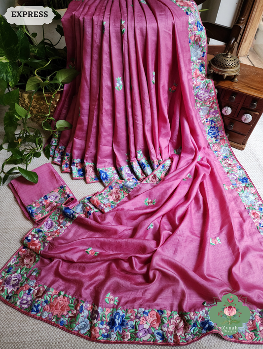 Zynah Made To Order Pink Pure Tussar Silk Hand Embroidered (Shaded) Authentic Parsi Gara Saree; Custom Stitched/Ready-made Blouse, Fall, Petticoat; SKU: 2312202402