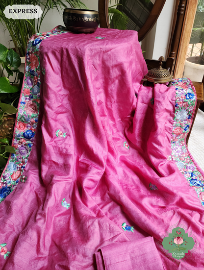 Zynah Made To Order Pink Pure Tussar Silk Hand Embroidered (Shaded) Authentic Parsi Gara Saree; Custom Stitched/Ready-made Blouse, Fall, Petticoat; SKU: 2312202402