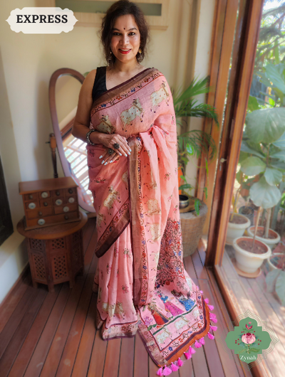 Pink Linen Saree w/ Pichwai Print: traditional & contemporary design.