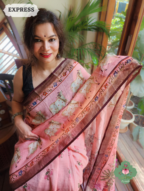 Zynah Pink Peach Organic Linen Saree With Pichwai Print; Custom Stitched/Ready-made Blouse, Fall, Petticoat; SKU: 2504202302