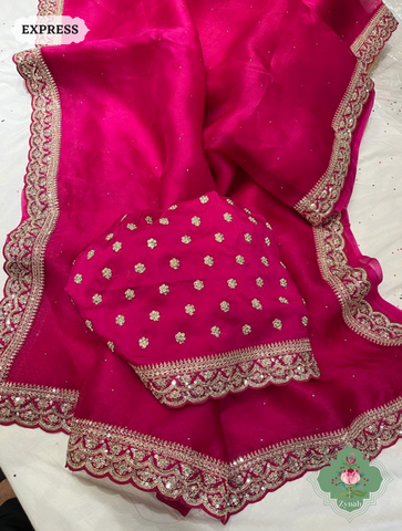 Pink Pure Organza Silk Saree With All Over Mukaish Work & Sequins Embroidered Border