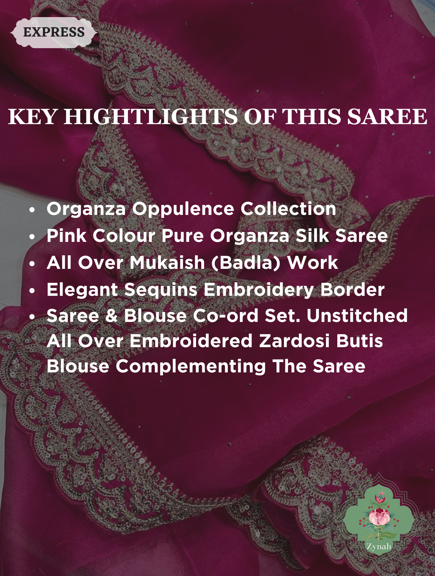 Pink Pure Organza Silk Saree With All Over Mukaish Work & Sequins Embroidered Border