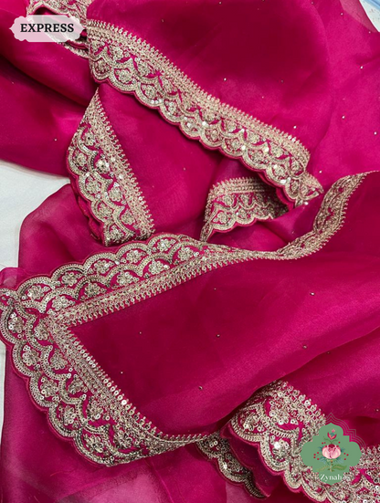 Pink Pure Organza Silk Saree With All Over Mukaish Work & Sequins Embroidered Border