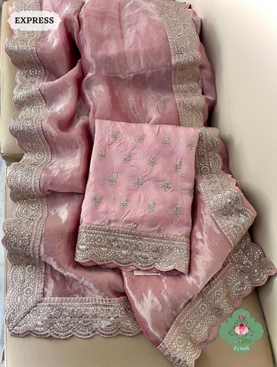 Pink Pure Silver Tissue Saree With Sequins Embroidered Border