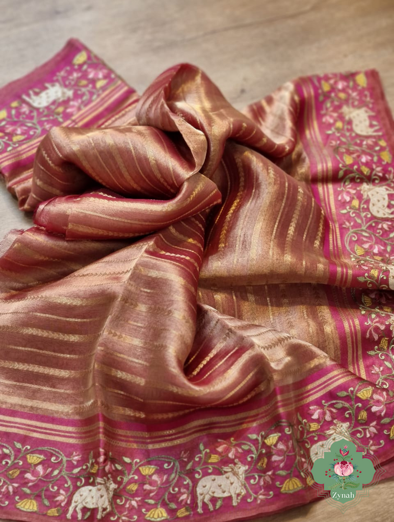 Pink Pure Silver Tissue Silk Saree With Banarasi Stripes, Katan Pallu & Pichwai Embroidery 1
