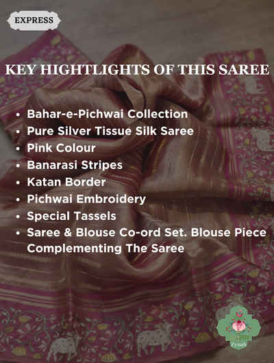 Pink Pure Silver Tissue Silk Saree With Banarasi Stripes, Katan Pallu & Pichwai Embroidery 2