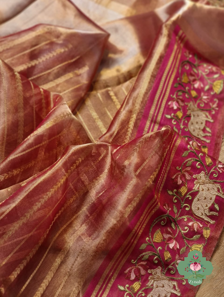 Pink Pure Silver Tissue Silk Saree With Banarasi Stripes, Katan Pallu & Pichwai Embroidery 3