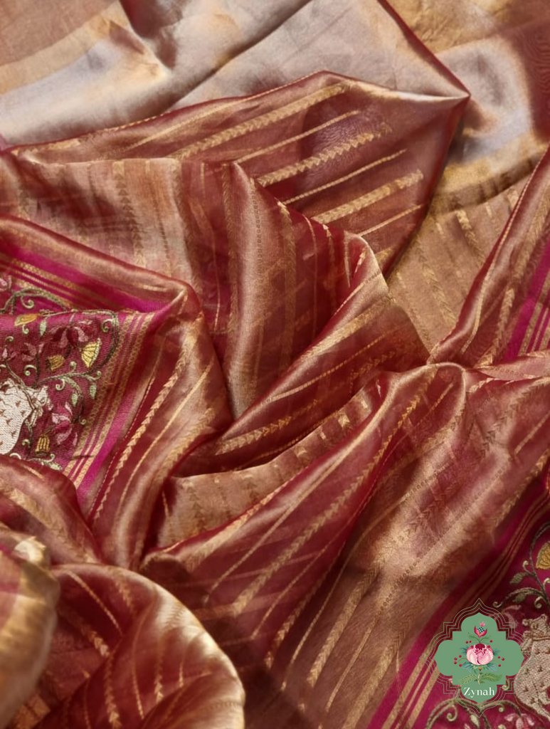 Pink Pure Silver Tissue Silk Saree With Banarasi Stripes, Katan Pallu & Pichwai Embroidery 4