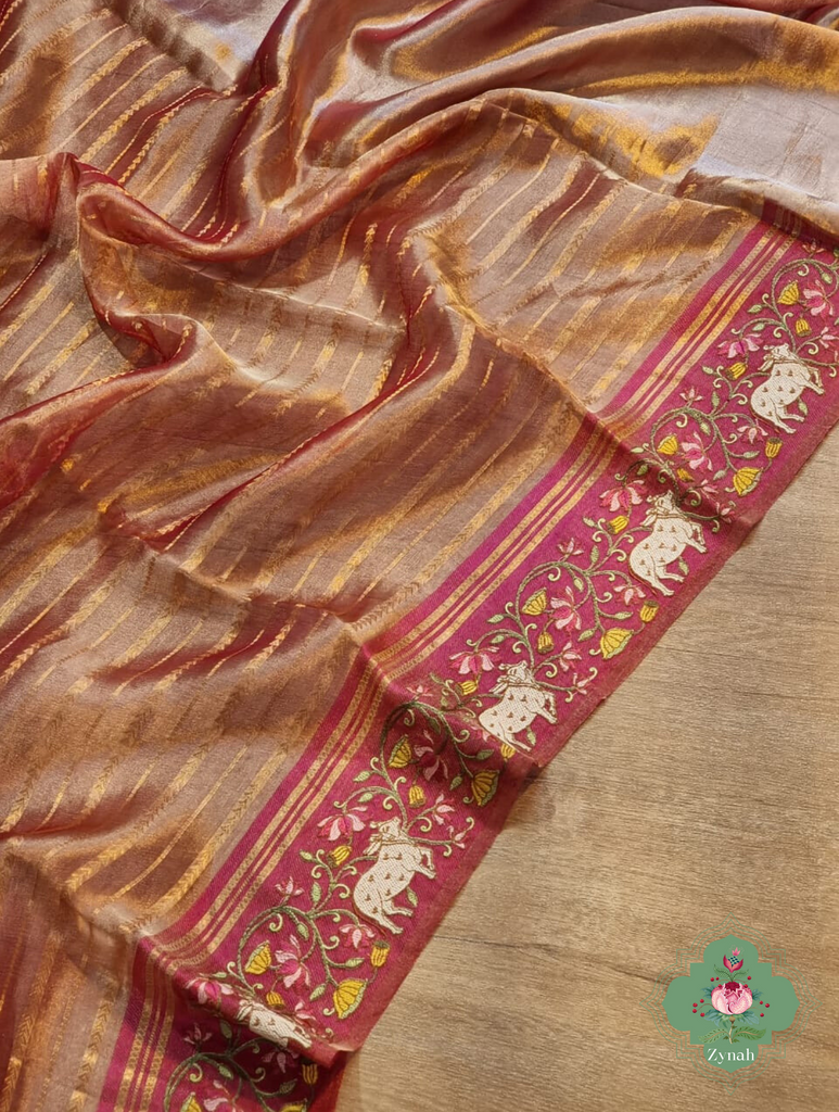 Pink Pure Silver Tissue Silk Saree With Banarasi Stripes, Katan Pallu & Pichwai Embroidery 5