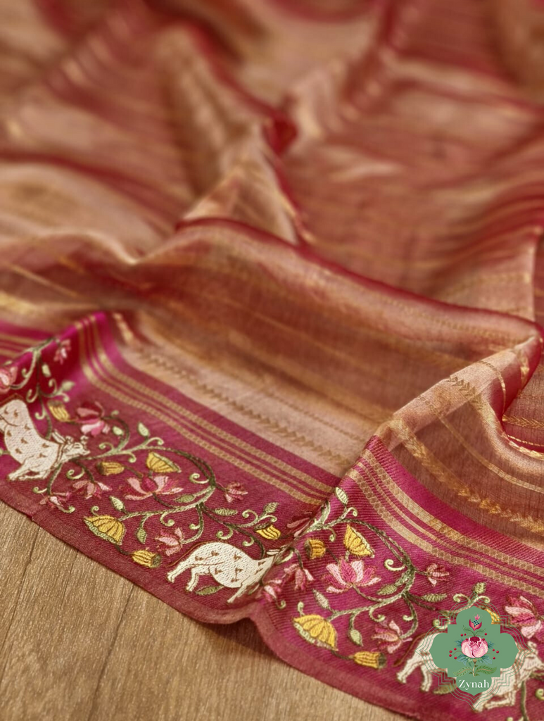 Pink Pure Silver Tissue Silk Saree With Banarasi Stripes, Katan Pallu & Pichwai Embroidery 6
