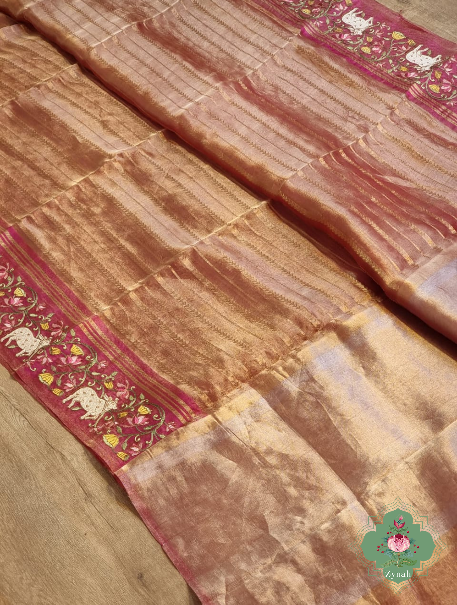 Pink Pure Silver Tissue Silk Saree With Banarasi Stripes, Katan Pallu & Pichwai Embroidery 7