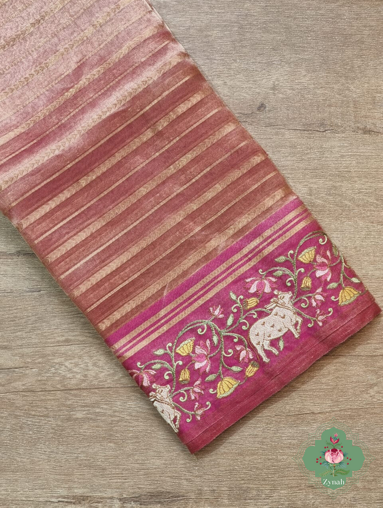 Pink Pure Silver Tissue Silk Saree With Banarasi Stripes, Katan Pallu & Pichwai Embroidery 8