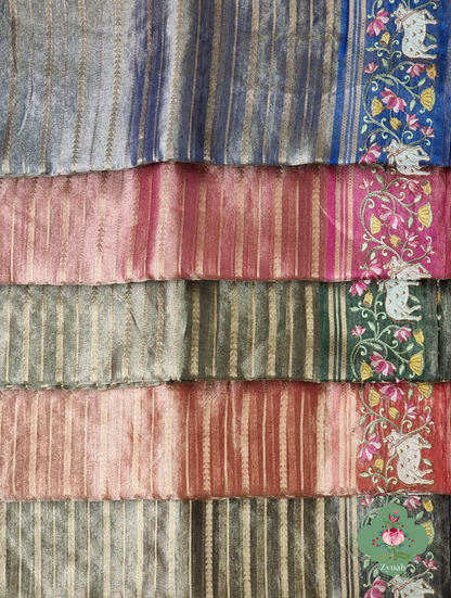 Pink Pure Silver Tissue Silk Saree With Banarasi Stripes, Katan Pallu & Pichwai Embroidery 9