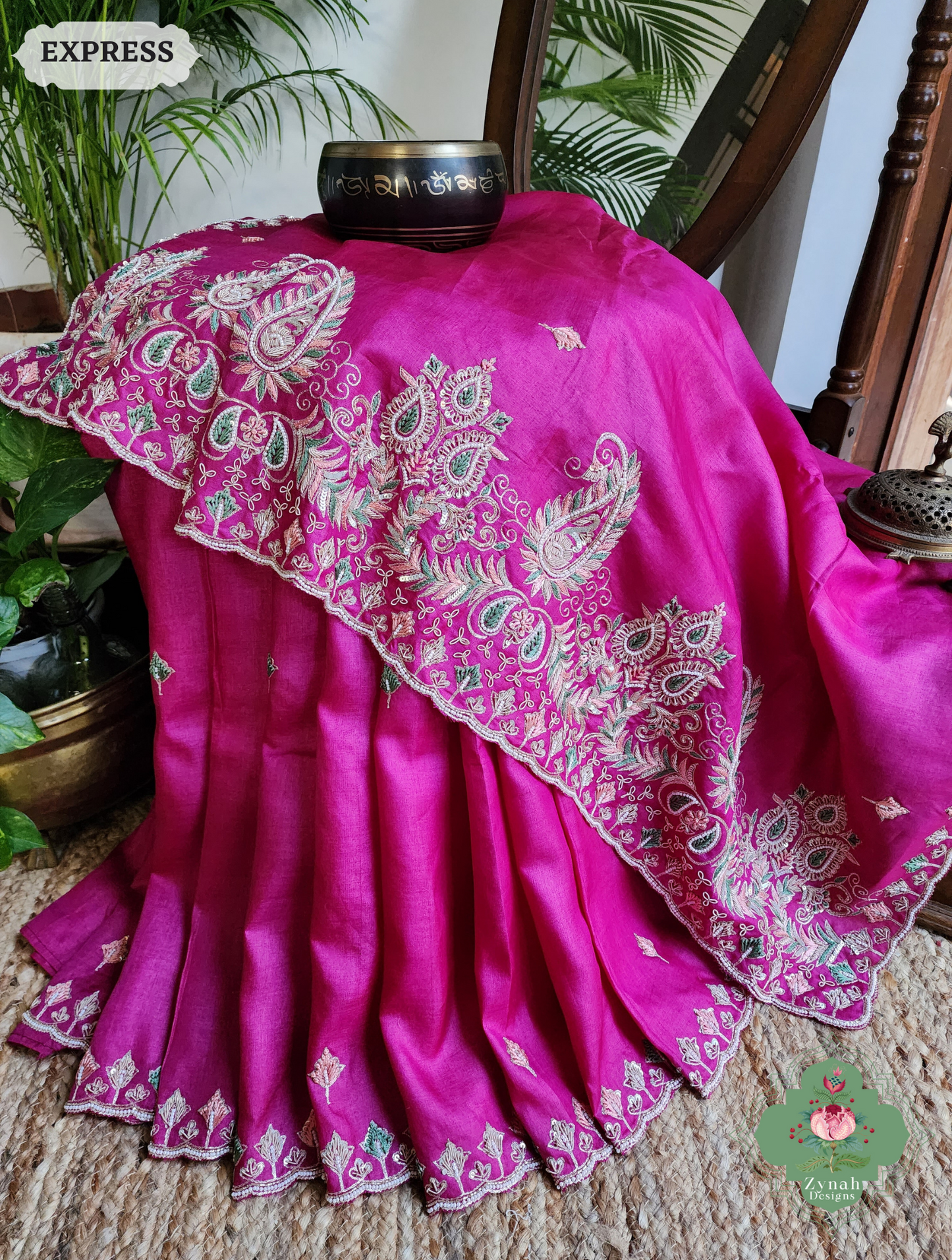 Zynah Pink Pure Tussar Silk Saree With Zardosi, Pearls & Sequins Hand Embellishments With Resham Thread Embroidery; Custom Stitched/Ready-made Blouse, Fall, Petticoat; SKU: 2101202501
