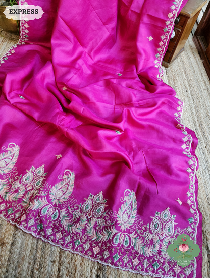 Zynah Pink Pure Tussar Silk Saree With Zardosi, Pearls & Sequins Hand Embellishments With Resham Thread Embroidery; Custom Stitched/Ready-made Blouse, Fall, Petticoat; SKU: 2101202501