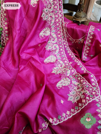 Zynah Pink Pure Tussar Silk Saree With Zardosi, Pearls & Sequins Hand Embellishments With Resham Thread Embroidery; Custom Stitched/Ready-made Blouse, Fall, Petticoat; SKU: 2101202501