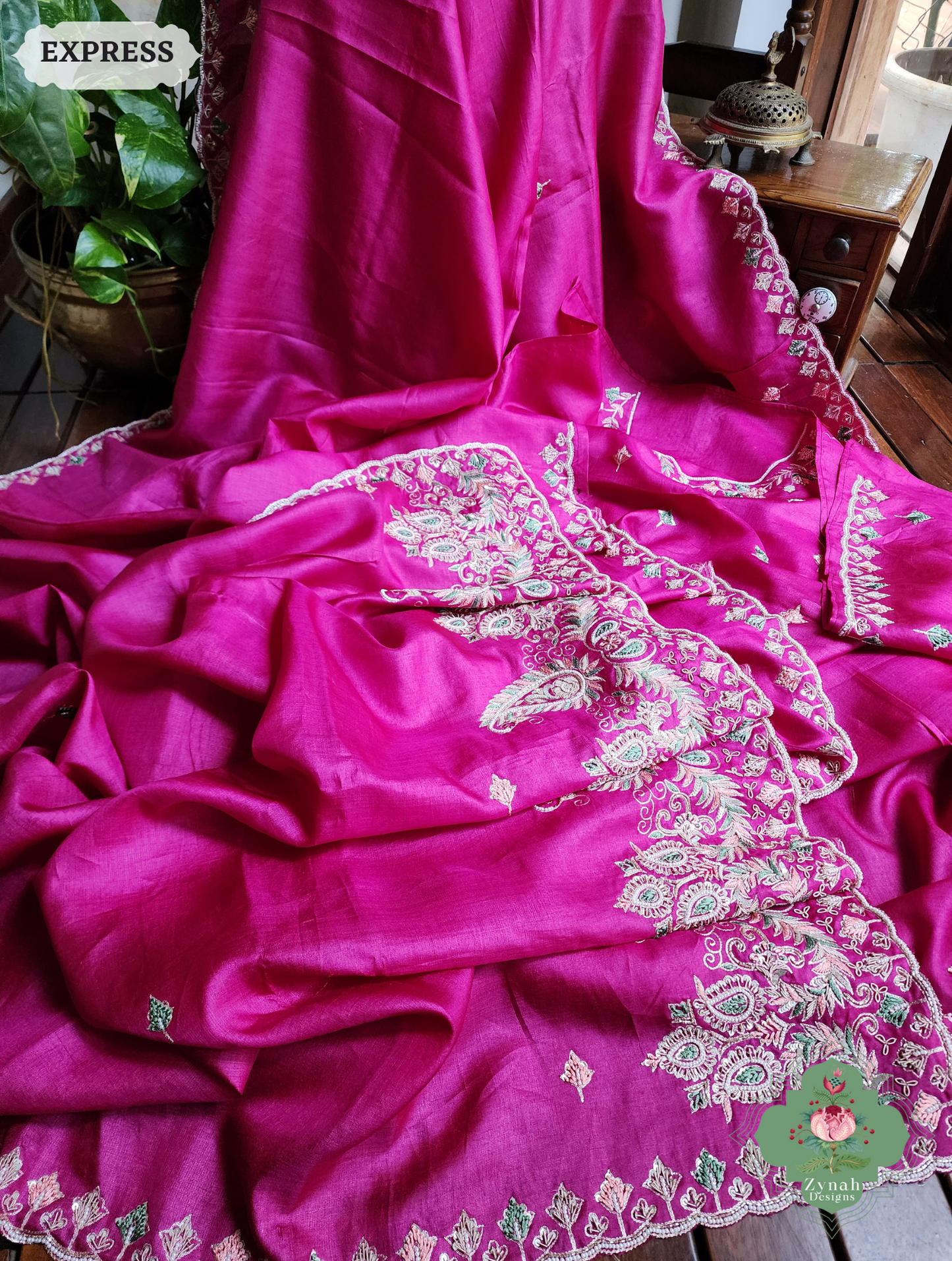 Zynah Pink Pure Tussar Silk Saree With Zardosi, Pearls & Sequins Hand Embellishments With Resham Thread Embroidery; Custom Stitched/Ready-made Blouse, Fall, Petticoat; SKU: 2101202501