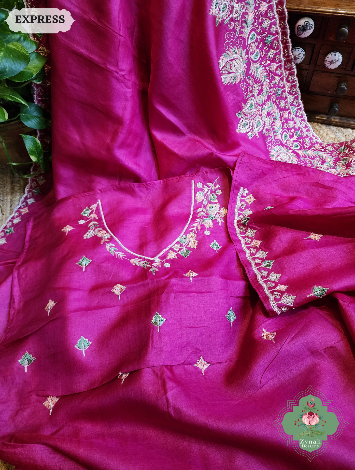 Zynah Pink Pure Tussar Silk Saree With Zardosi, Pearls & Sequins Hand Embellishments With Resham Thread Embroidery; Custom Stitched/Ready-made Blouse, Fall, Petticoat; SKU: 2101202501