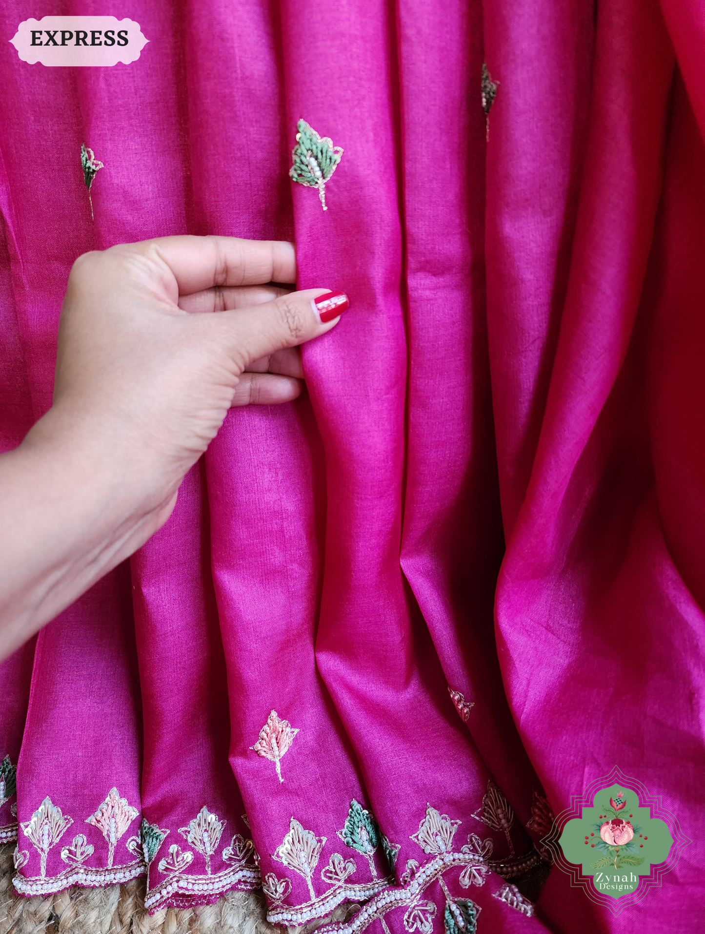 Zynah Pink Pure Tussar Silk Saree With Zardosi, Pearls & Sequins Hand Embellishments With Resham Thread Embroidery; Custom Stitched/Ready-made Blouse, Fall, Petticoat; SKU: 2101202501