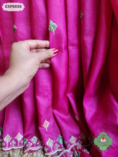 Zynah Pink Pure Tussar Silk Saree With Zardosi, Pearls & Sequins Hand Embellishments With Resham Thread Embroidery; Custom Stitched/Ready-made Blouse, Fall, Petticoat; SKU: 2101202501
