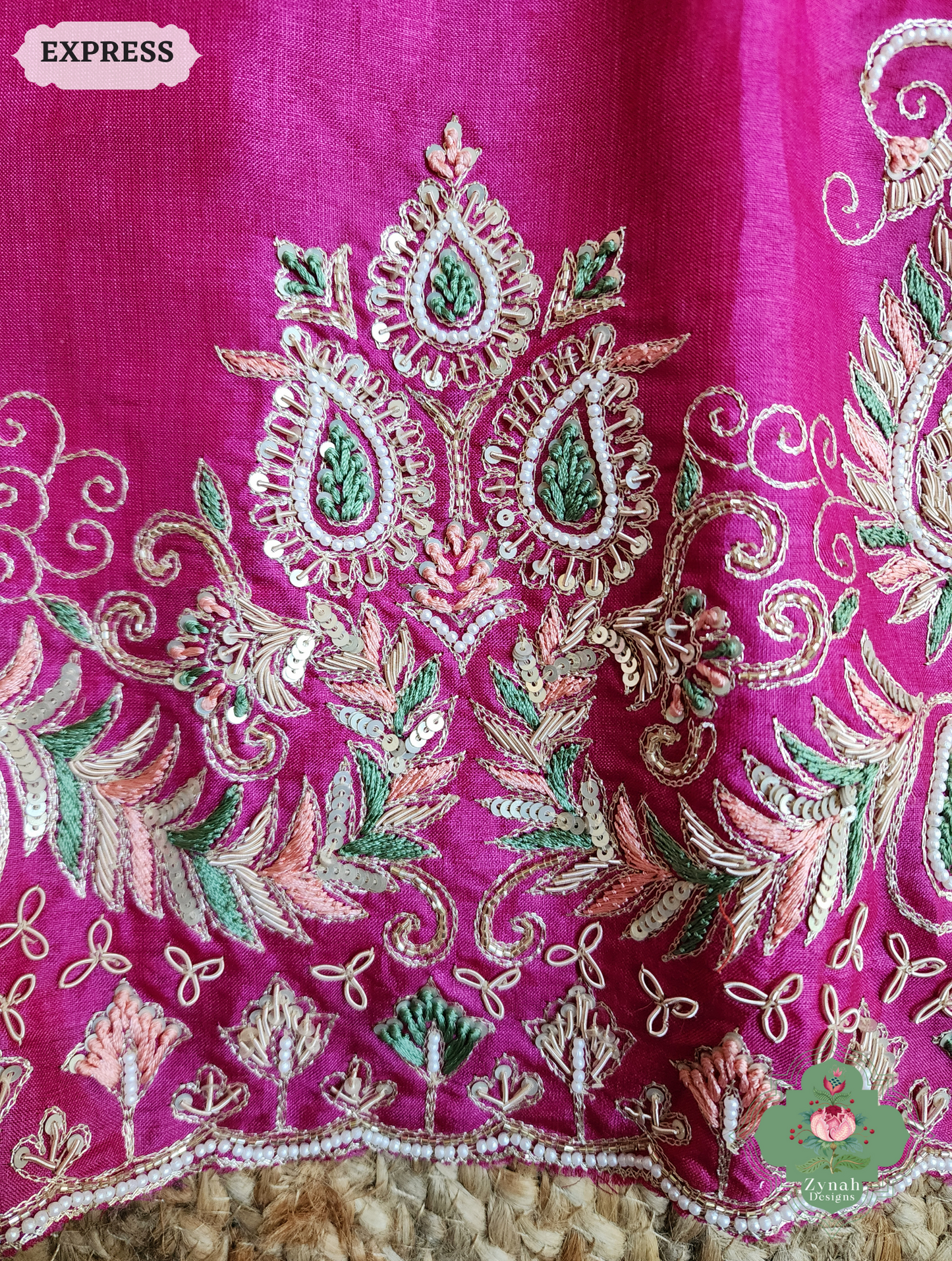 Zynah Pink Pure Tussar Silk Saree With Zardosi, Pearls & Sequins Hand Embellishments With Resham Thread Embroidery; Custom Stitched/Ready-made Blouse, Fall, Petticoat; SKU: 2101202501