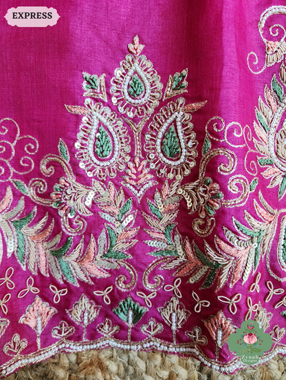 Zynah Pink Pure Tussar Silk Saree With Zardosi, Pearls & Sequins Hand Embellishments With Resham Thread Embroidery; Custom Stitched/Ready-made Blouse, Fall, Petticoat; SKU: 2101202501