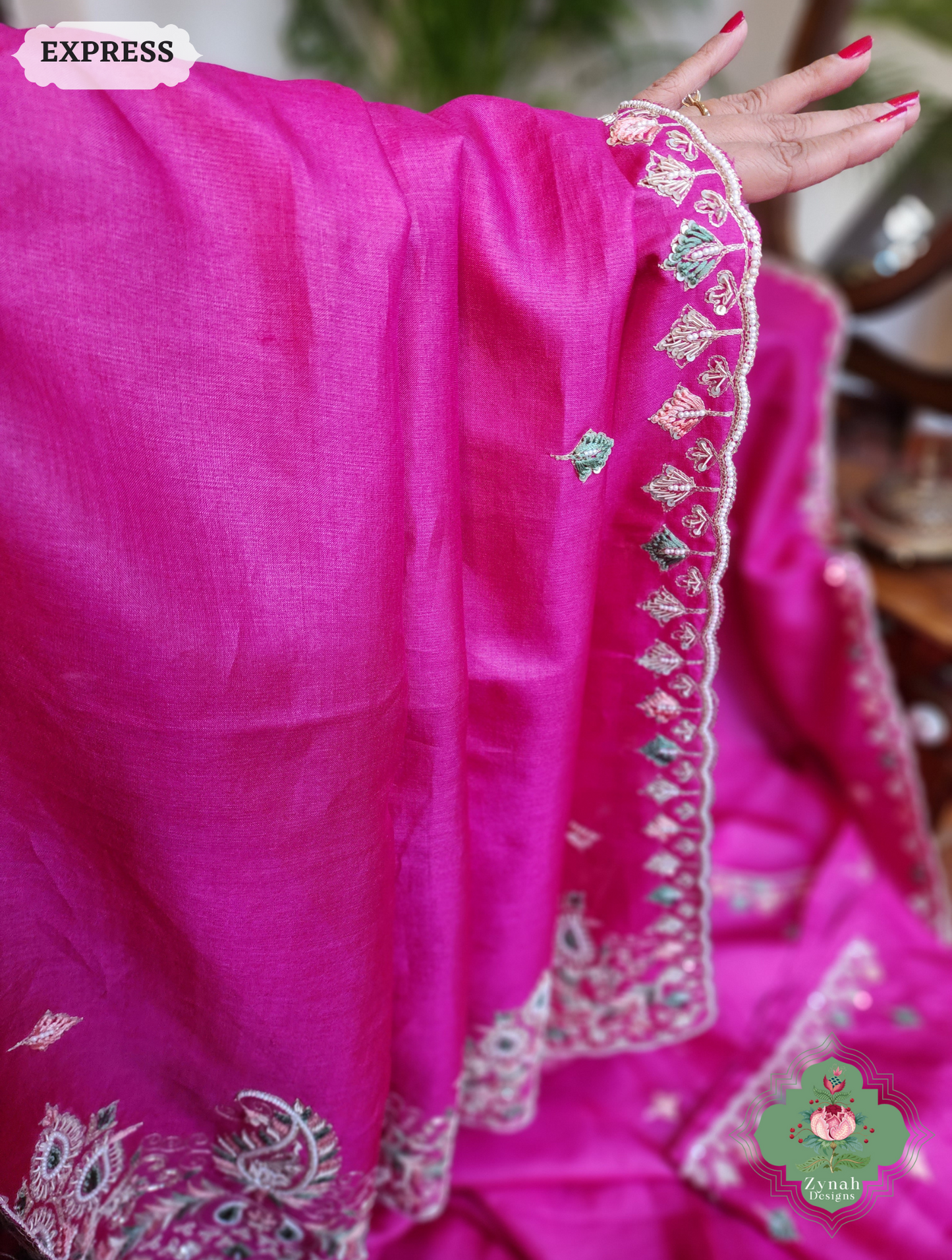 Zynah Pink Pure Tussar Silk Saree With Zardosi, Pearls & Sequins Hand Embellishments With Resham Thread Embroidery; Custom Stitched/Ready-made Blouse, Fall, Petticoat; SKU: 2101202501