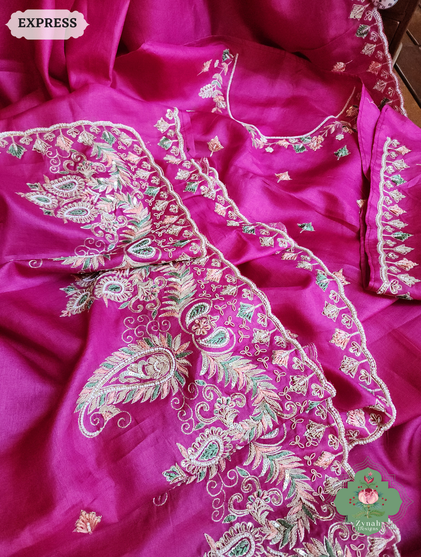 Zynah Pink Pure Tussar Silk Saree With Zardosi, Pearls & Sequins Hand Embellishments With Resham Thread Embroidery; Custom Stitched/Ready-made Blouse, Fall, Petticoat; SKU: 2101202501
