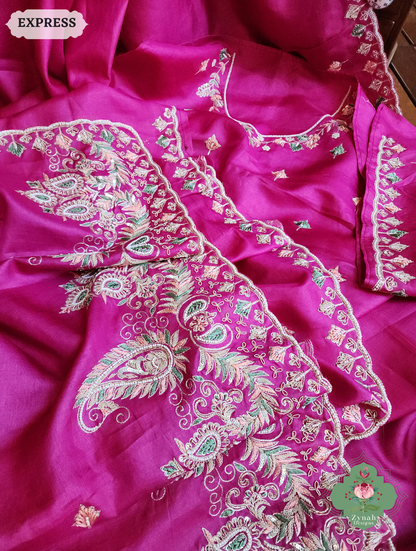 Zynah Pink Pure Tussar Silk Saree With Zardosi, Pearls & Sequins Hand Embellishments With Resham Thread Embroidery; Custom Stitched/Ready-made Blouse, Fall, Petticoat; SKU: 2101202501