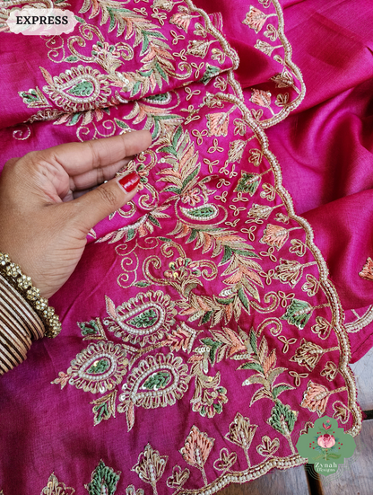 Zynah Pink Pure Tussar Silk Saree With Zardosi, Pearls & Sequins Hand Embellishments With Resham Thread Embroidery; Custom Stitched/Ready-made Blouse, Fall, Petticoat; SKU: 2101202501