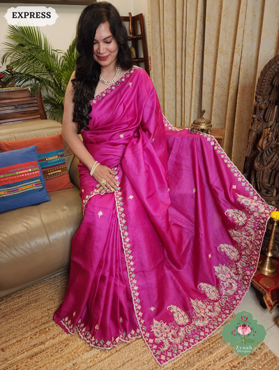 Zynah Pink Pure Tussar Silk Saree With Zardosi, Pearls & Sequins Hand Embellishments With Resham Thread Embroidery; Custom Stitched/Ready-made Blouse, Fall, Petticoat; SKU: 2101202501