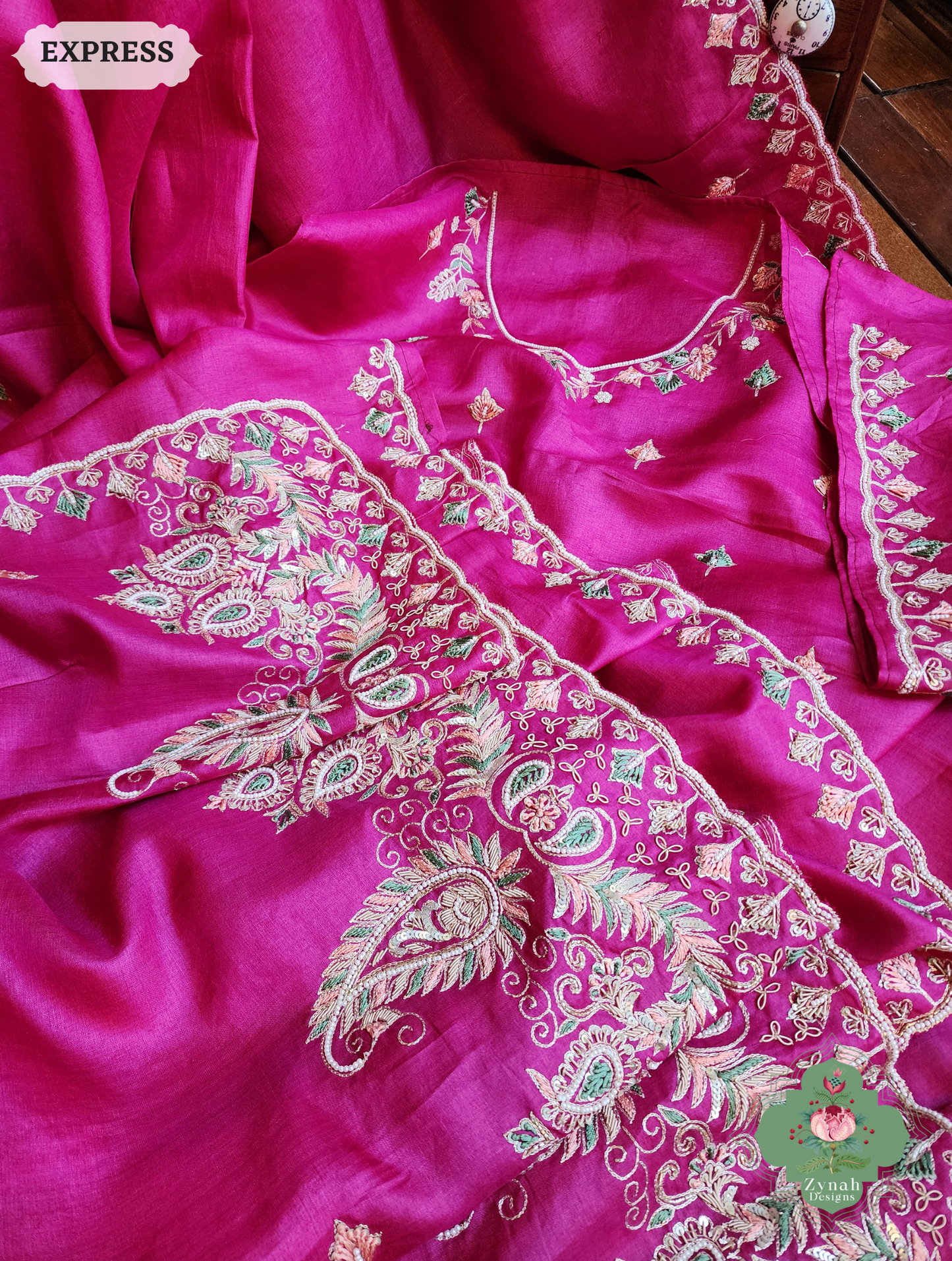 Zynah Pink Pure Tussar Silk Saree With Zardosi, Pearls & Sequins Hand Embellishments With Resham Thread Embroidery; Custom Stitched/Ready-made Blouse, Fall, Petticoat; SKU: 2101202501