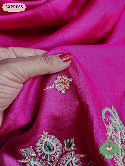Zynah Pink Pure Tussar Silk Saree With Zardosi, Pearls & Sequins Hand Embellishments With Resham Thread Embroidery; Custom Stitched/Ready-made Blouse, Fall, Petticoat; SKU: 2101202501