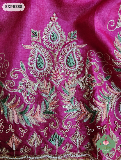 Zynah Pink Pure Tussar Silk Saree With Zardosi, Pearls & Sequins Hand Embellishments With Resham Thread Embroidery; Custom Stitched/Ready-made Blouse, Fall, Petticoat; SKU: 2101202501