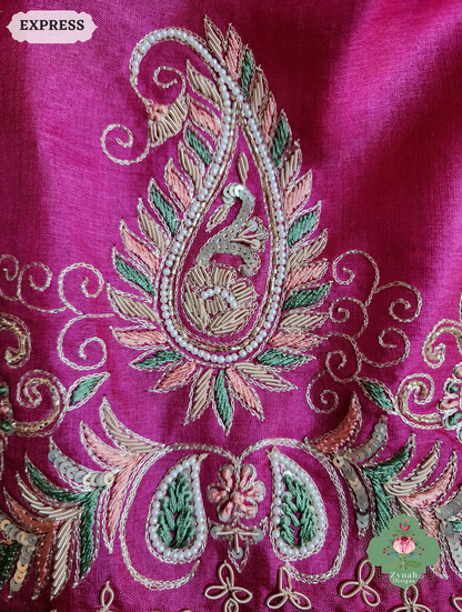 Zynah Pink Pure Tussar Silk Saree With Zardosi, Pearls & Sequins Hand Embellishments With Resham Thread Embroidery; Custom Stitched/Ready-made Blouse, Fall, Petticoat; SKU: 2101202501
