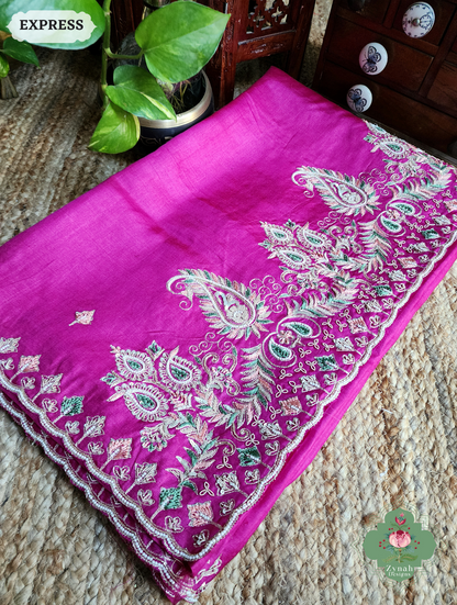 Zynah Pink Pure Tussar Silk Saree With Zardosi, Pearls & Sequins Hand Embellishments With Resham Thread Embroidery; Custom Stitched/Ready-made Blouse, Fall, Petticoat; SKU: 2101202501