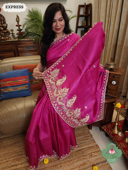 Zynah Pink Pure Tussar Silk Saree With Zardosi, Pearls & Sequins Hand Embellishments With Resham Thread Embroidery; Custom Stitched/Ready-made Blouse, Fall, Petticoat; SKU: 2101202501