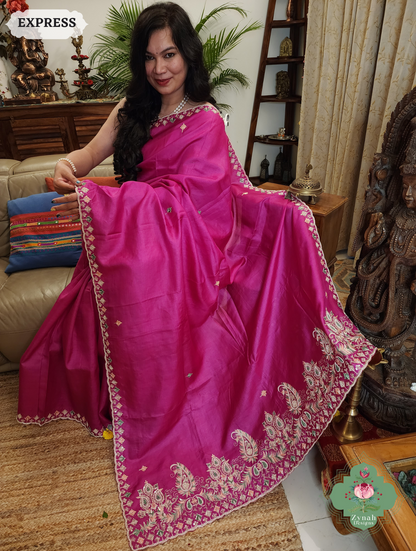 Zynah Pink Pure Tussar Silk Saree With Zardosi, Pearls & Sequins Hand Embellishments With Resham Thread Embroidery; Custom Stitched/Ready-made Blouse, Fall, Petticoat; SKU: 2101202501