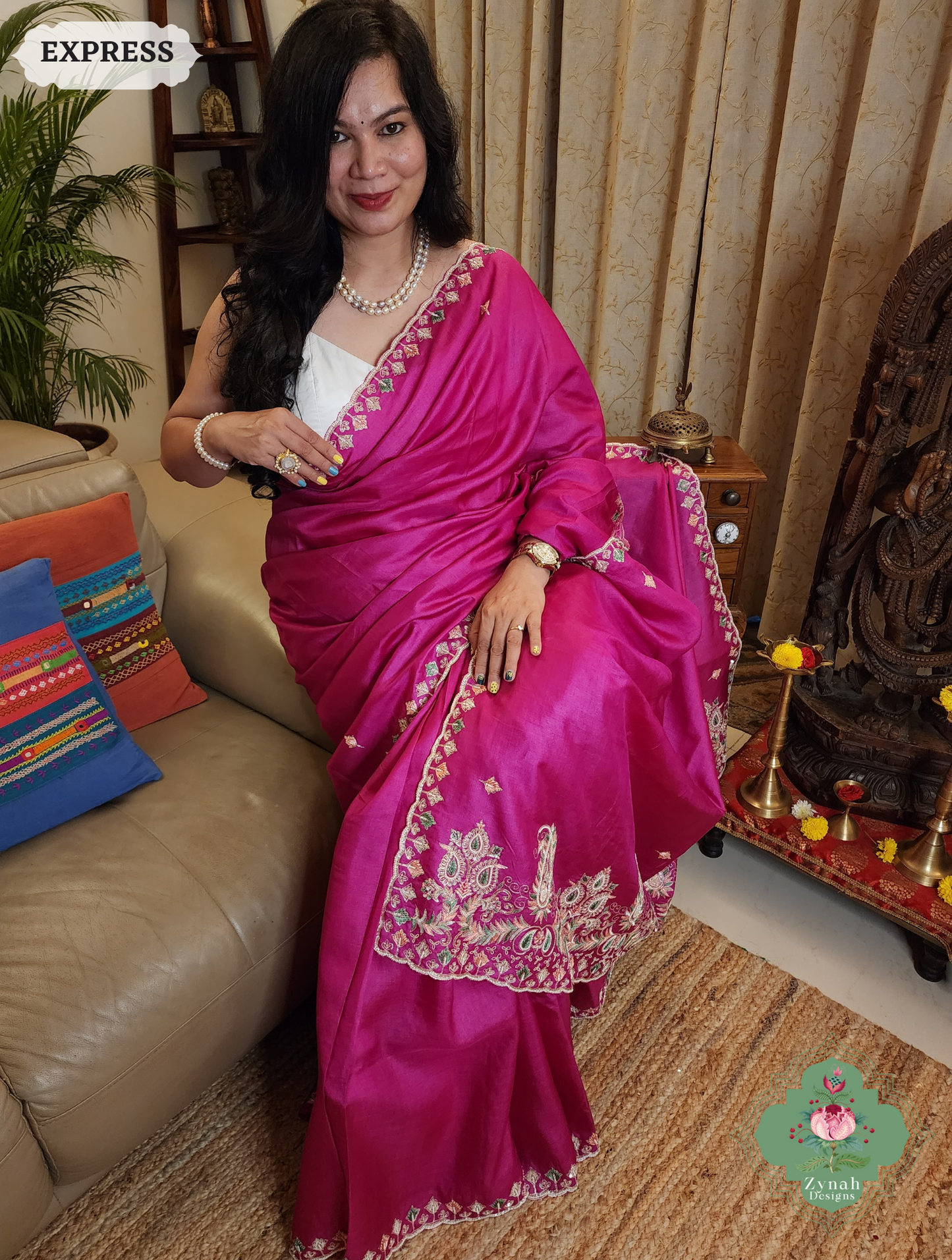 Zynah Pink Pure Tussar Silk Saree With Zardosi, Pearls & Sequins Hand Embellishments With Resham Thread Embroidery; Custom Stitched/Ready-made Blouse, Fall, Petticoat; SKU: 2101202501